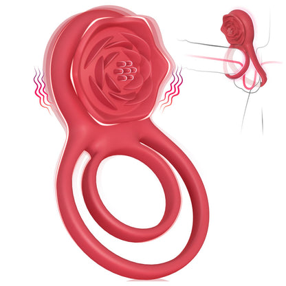 Vibrating Cock Ring with Rose Clitoral Stimulator, Pleasure Penis Ring Vibrator Couples