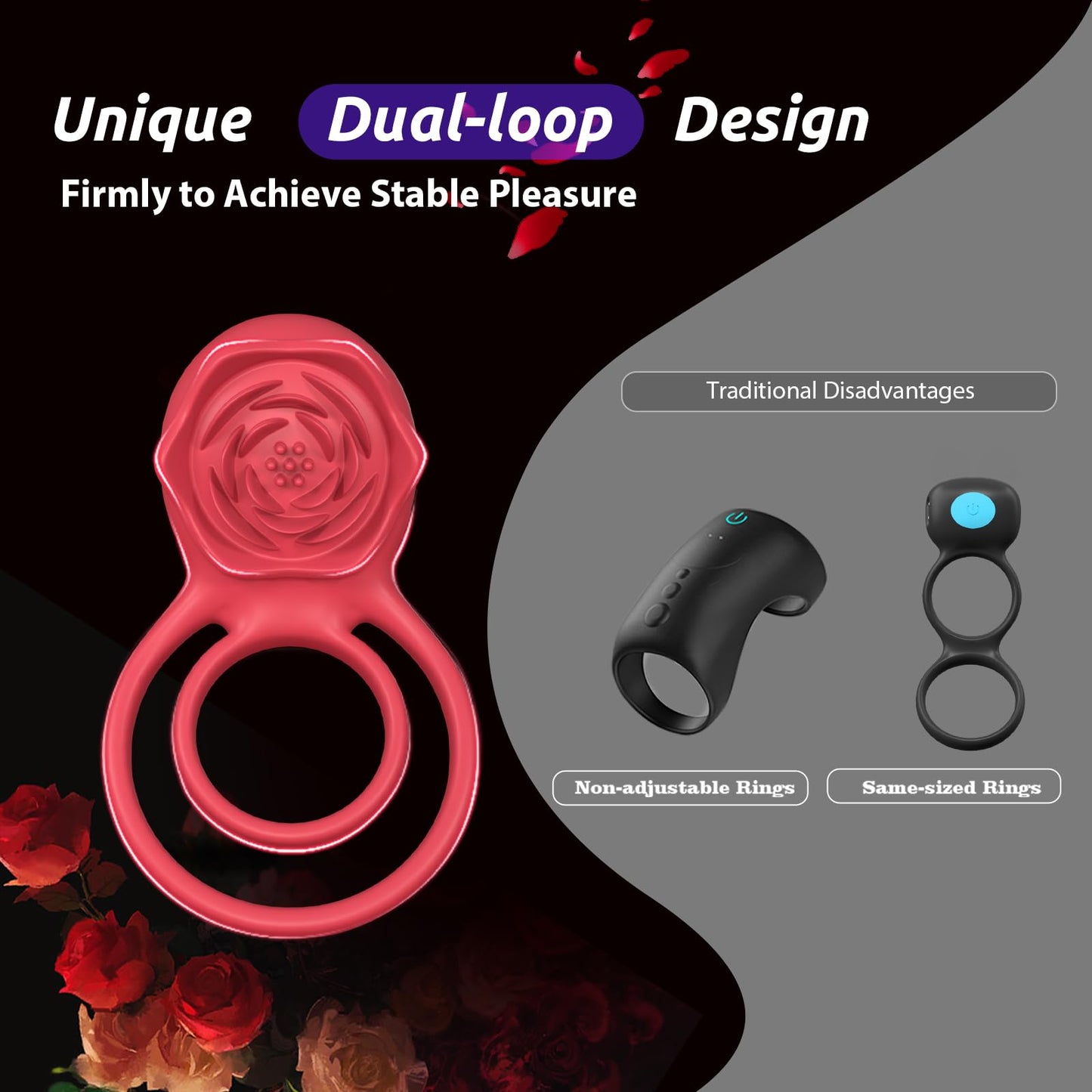 Vibrating Cock Ring with Rose Clitoral Stimulator, Pleasure Penis Ring Vibrator Couples