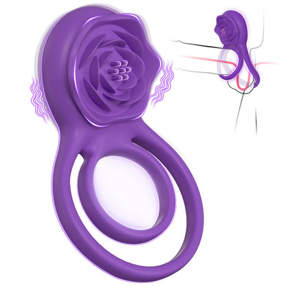 Vibrating Cock Ring with Rose Clitoral Stimulator, Pleasure Penis Ring Vibrator Couples