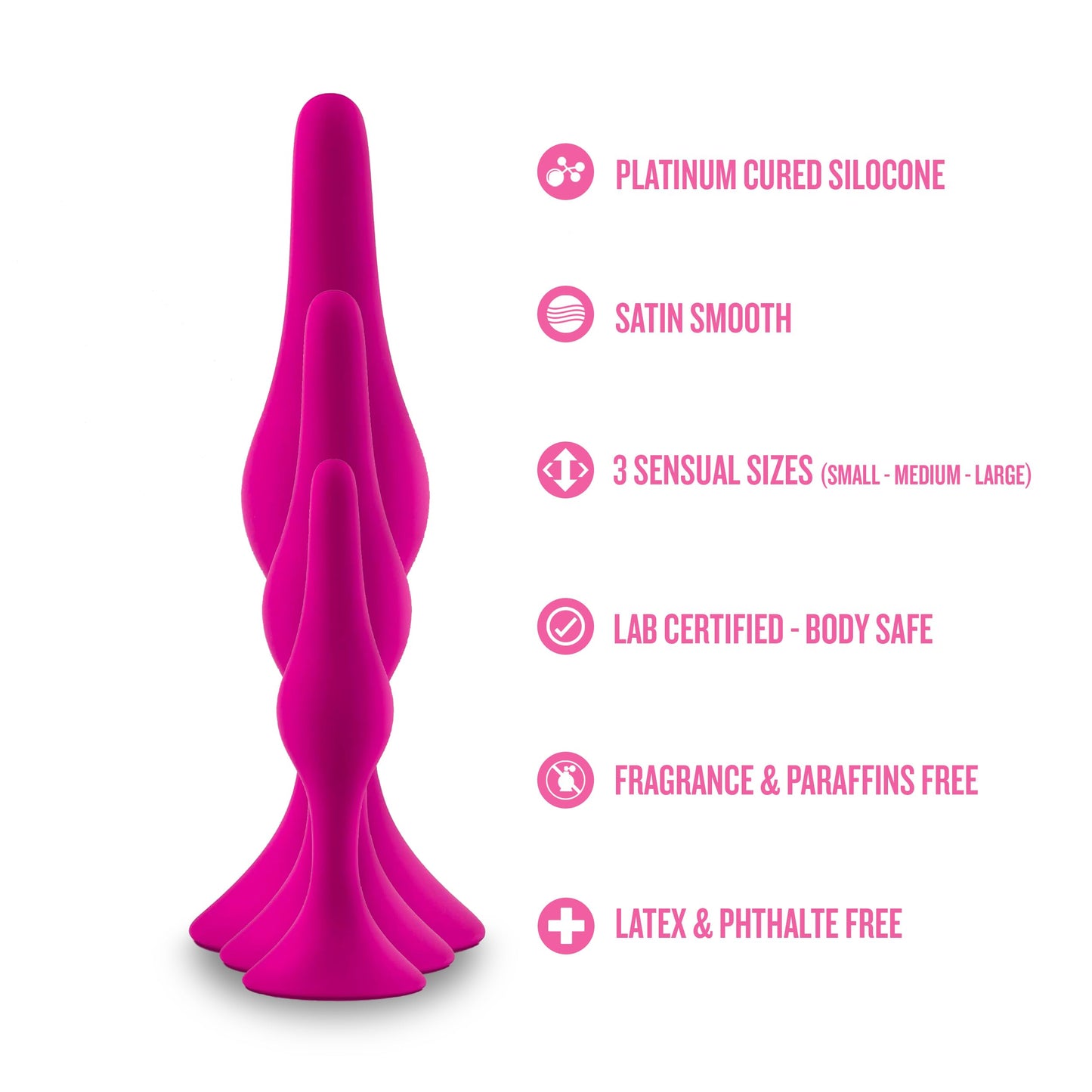 Blush Luxe Beginner 3.25" Silicone Butt Plug - Satin Smooth Anal Trainer with Soft Tapered Tip and Suction Cup Base - Slim Bum Plug Adult Sex Toy for Women, Men & Couples - (Pink)