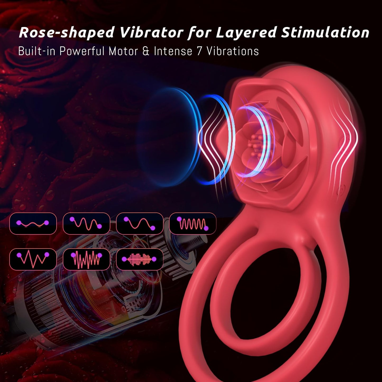 Vibrating Cock Ring with Rose Clitoral Stimulator, Pleasure Penis Ring Vibrator Couples