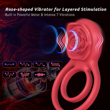 Vibrating Cock Ring with Rose Clitoral Stimulator, Pleasure Penis Ring Vibrator Couples