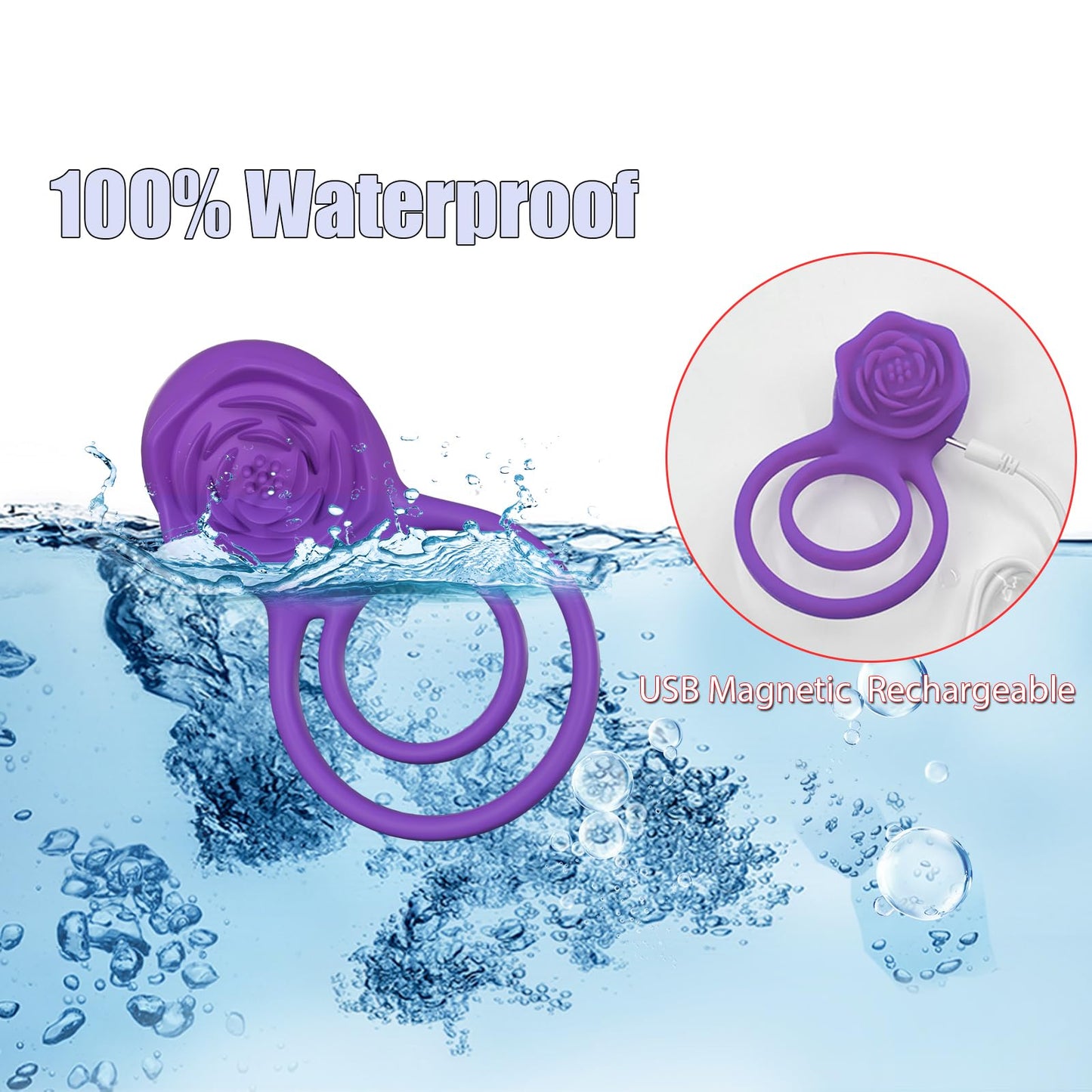 Vibrating Cock Ring with Rose Clitoral Stimulator, Pleasure Penis Ring Vibrator Couples