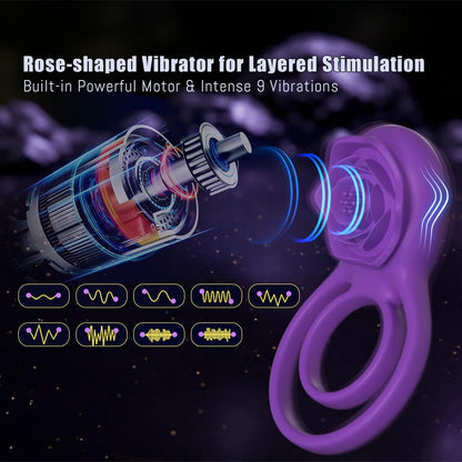 Vibrating Cock Ring with Rose Clitoral Stimulator, Pleasure Penis Ring Vibrator Couples