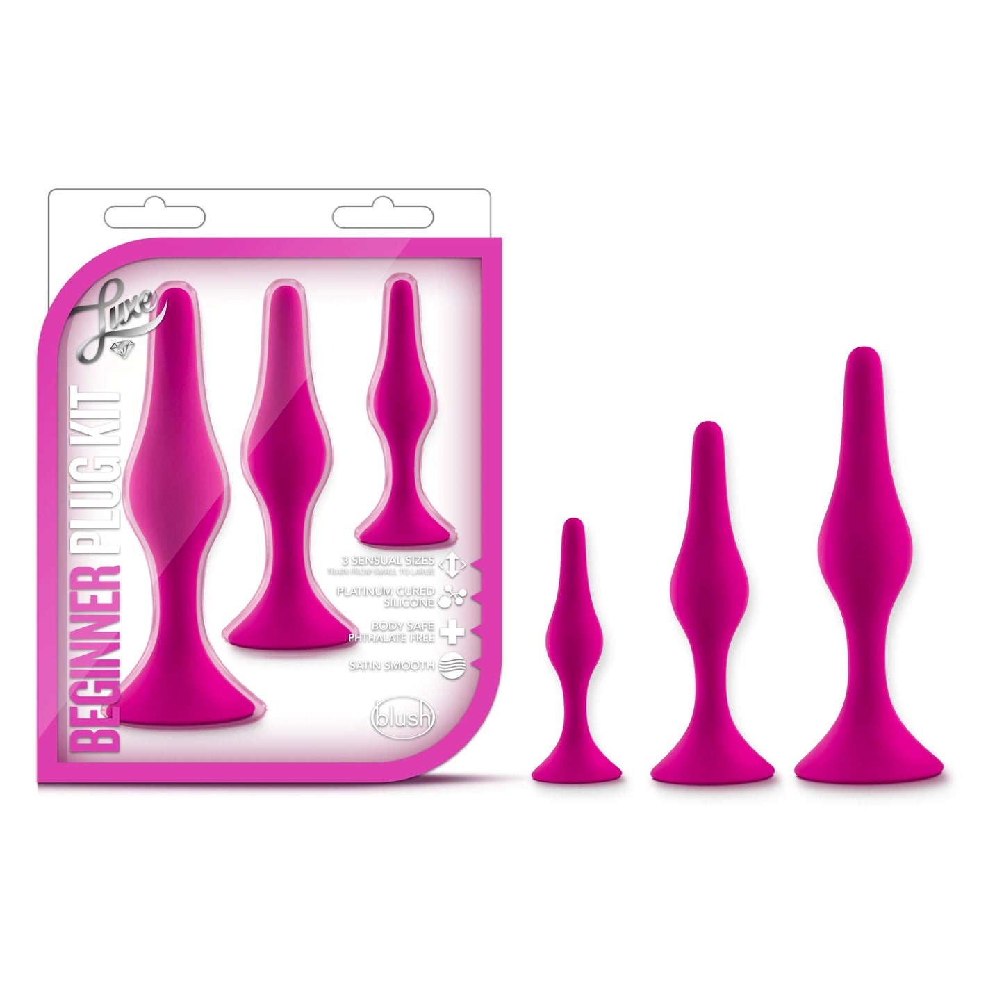 Blush Luxe Beginner 3.25" Silicone Butt Plug - Satin Smooth Anal Trainer with Soft Tapered Tip and Suction Cup Base - Slim Bum Plug Adult Sex Toy for Women, Men & Couples - (Pink)