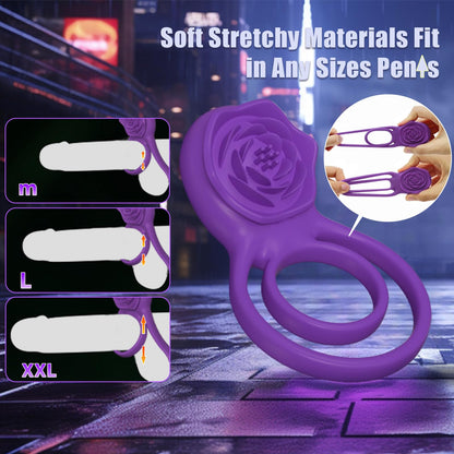 Vibrating Cock Ring with Rose Clitoral Stimulator, Pleasure Penis Ring Vibrator Couples