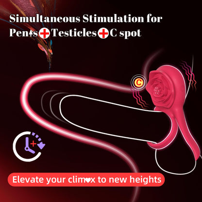 Vibrating Cock Ring with Rose Clitoral Stimulator, Pleasure Penis Ring Vibrator Couples
