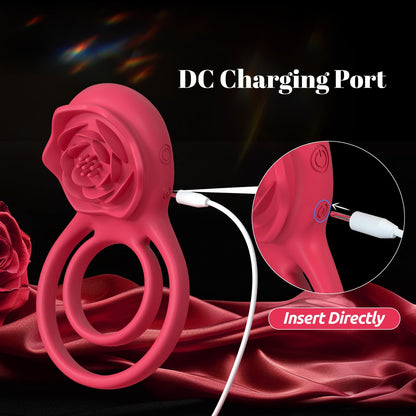 Vibrating Cock Ring with Rose Clitoral Stimulator, Pleasure Penis Ring Vibrator Couples