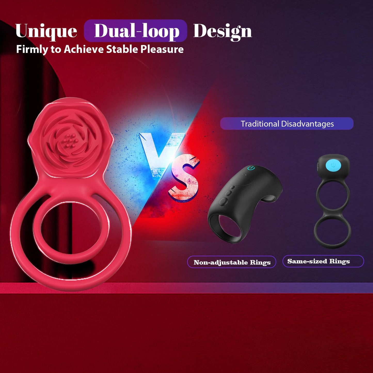 Vibrating Cock Ring with Rose Clitoral Stimulator, Pleasure Penis Ring Vibrator Couples