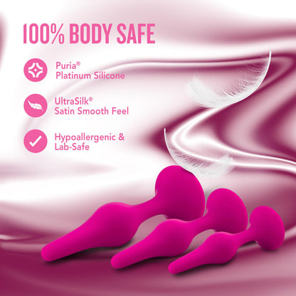 Blush Luxe Beginner 3.25" Silicone Butt Plug - Satin Smooth Anal Trainer with Soft Tapered Tip and Suction Cup Base - Slim Bum Plug Adult Sex Toy for Women, Men & Couples - (Pink)
